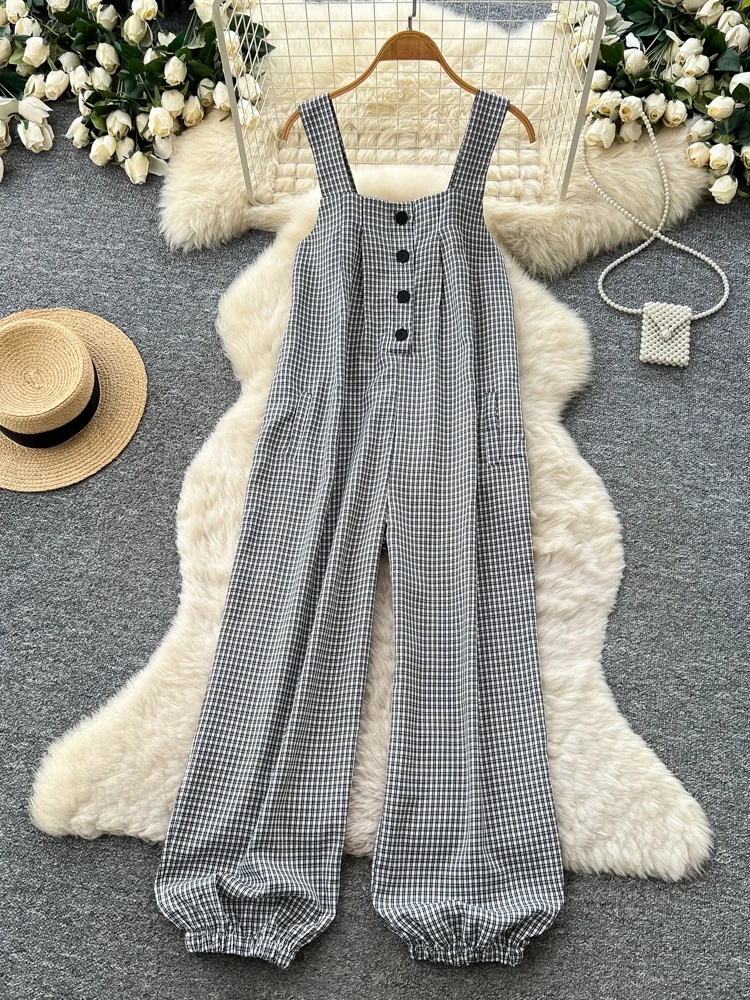 

Slimming Plaid Korean Style Women's Summer Wide Leg Jumpsuit Loose Anti-aging Commute Long Pants High Waist Straight Tube