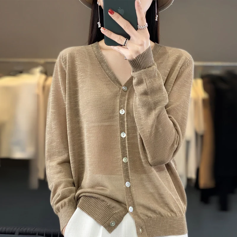 Women\'s Fresh Summer New Flower Sand Lce Silk Thin Knitted Cardigan Linen V-Neck Sunscreen Coat Elegant Button Unique T-Shirt