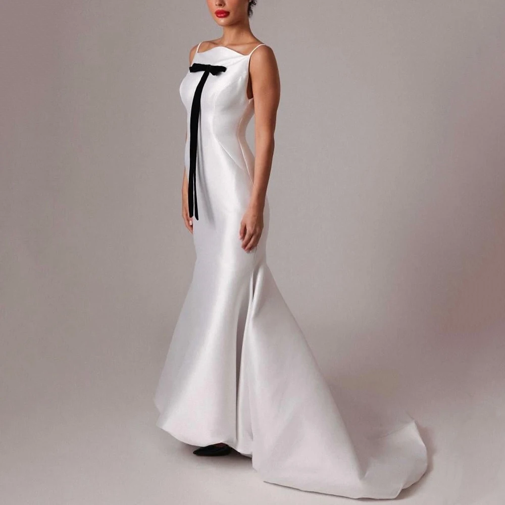 

Customized Spaghetti Strap Satin Mermaid Women's Evening Dress Sleeveless Wit Sweep Train Party Dress Floor Length Prom Gown