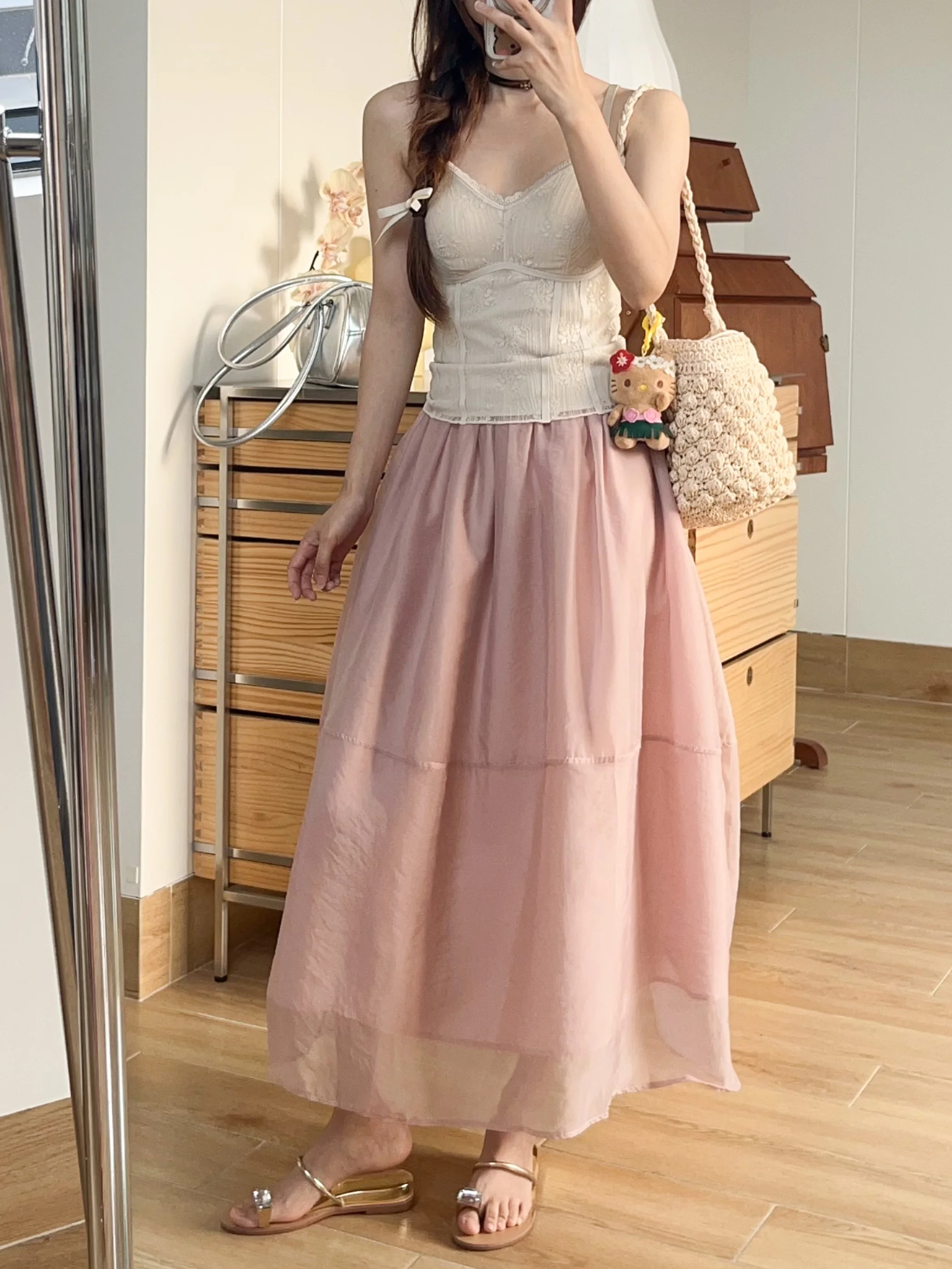 

Розовая юбка из тюля с цветочным узором, женская, нежная, в стиле феи, А-силуэт, пышная, средней длины, в милом стиле, с завышенной талией, из полиэфирного волокна