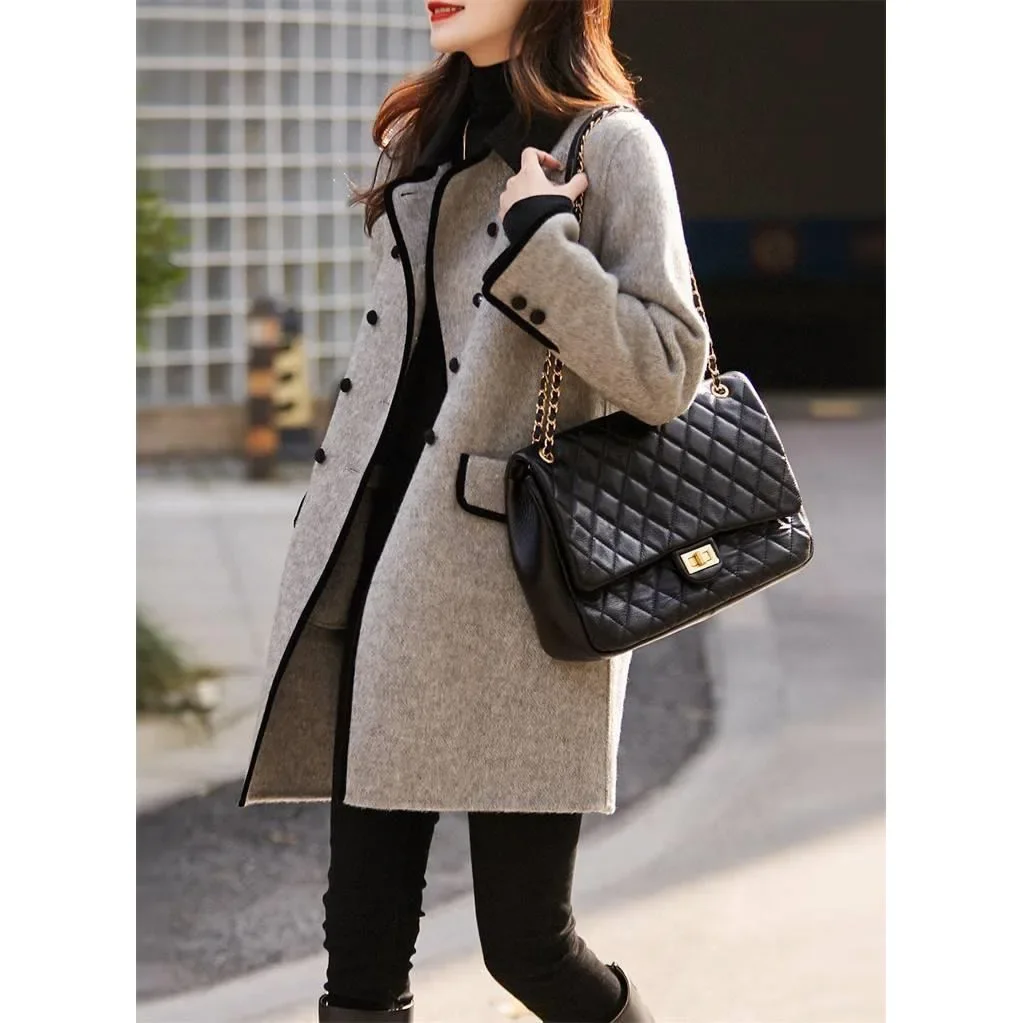 

Spring and Autumn retro new fashion double-breasted casual medium and long temperament contrasting color small lapel woolen coat