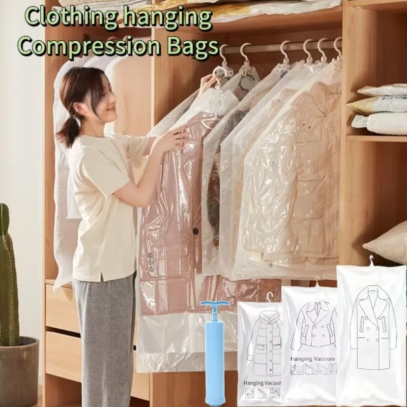 

Подвесная вакуумная сумка для хранения одежды, многоразовые компрессионные мешки для экономии места с вешалками, работа с любым пылесосом