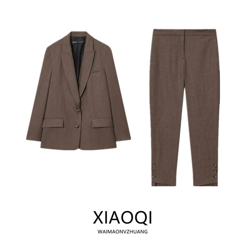 

New 2025 Autumn Women's Faion Suit Jaet Long Sve Turn-down Collar Ba Split Two-piece Set Mid-high Waist European Sle