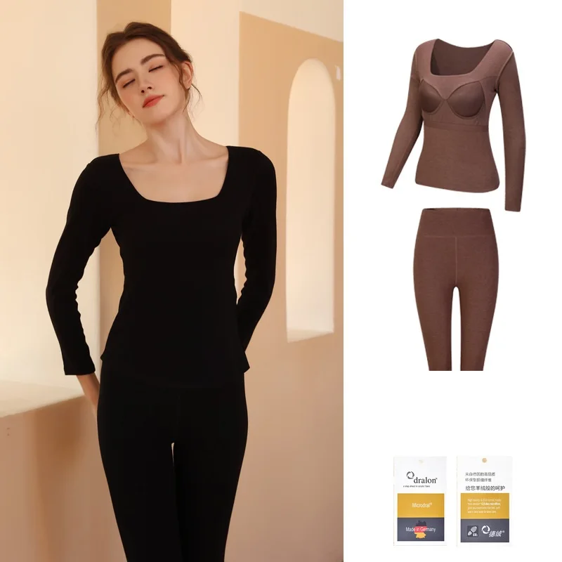 Super Warm Dralon Thermal Underwear set for Women Fleeced Thicken Solid Long Johns Sets Square-neck Underwear with Bust pad