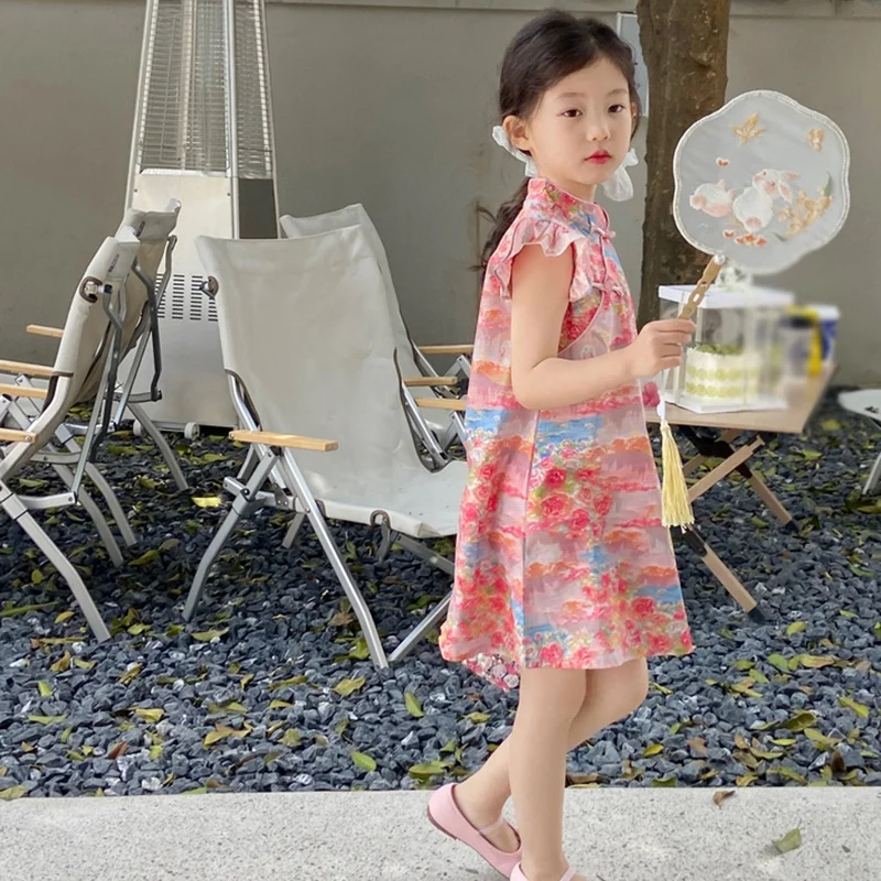 Summer Sweet Girls Printed Princess Dress Children Small Flying Sleeves Chinese Style Cheongsam Dress Baby Pure Cotton Costume