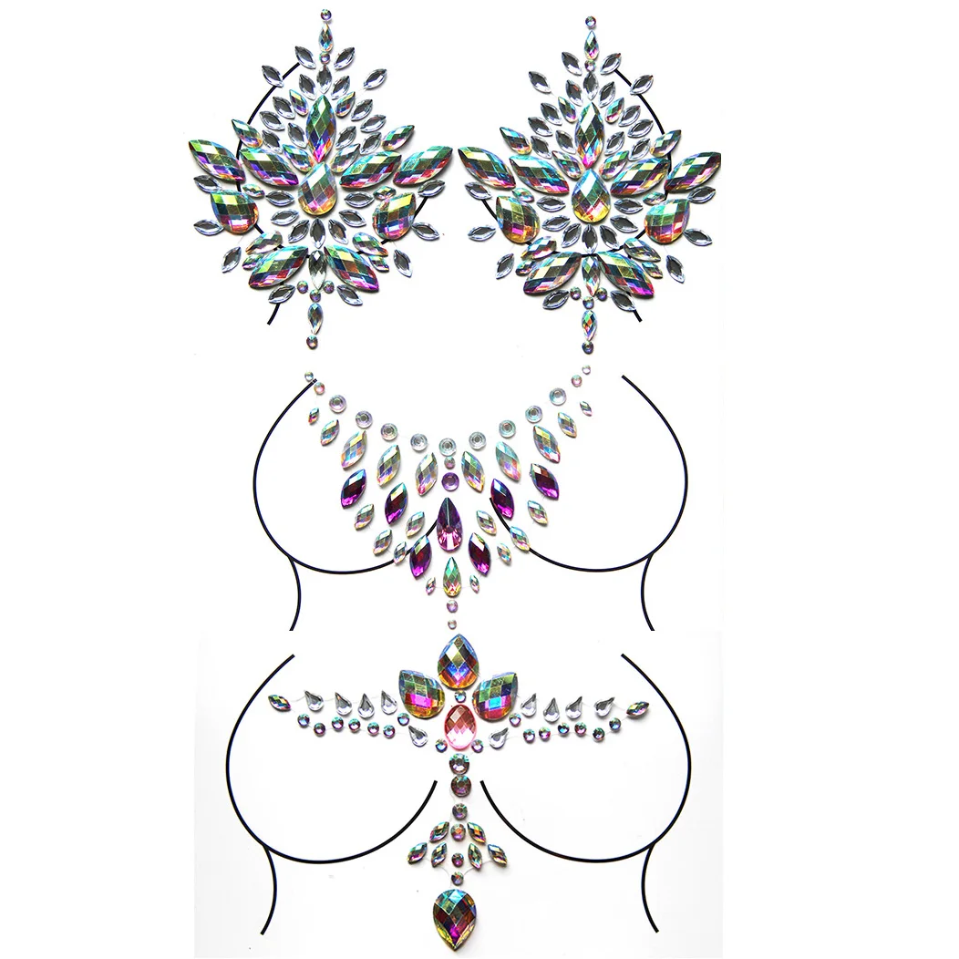 3pcs/Set Breast Jewel Sticker Chest Gem Glitter Rhinestone Temporary Tattoo Decoration Jewels Body Art Decor