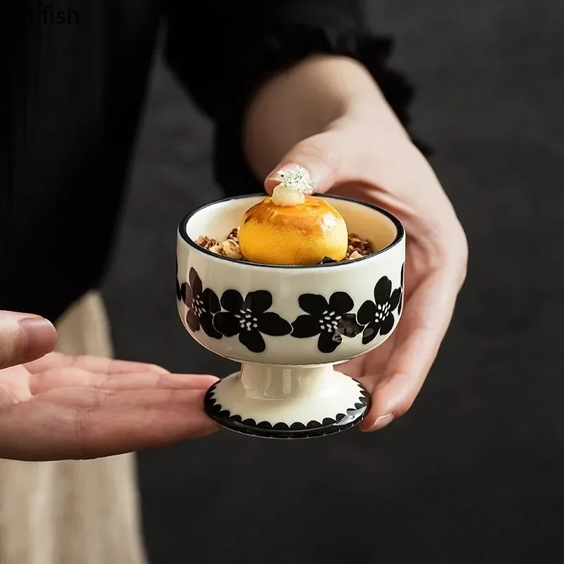 Hand Drawn Pattern Ceramic High Footed Bowl Dessert Bowl Ice Cream Bowl Oat Bowls Appetizer Bowls Molecular Cooking Tableware