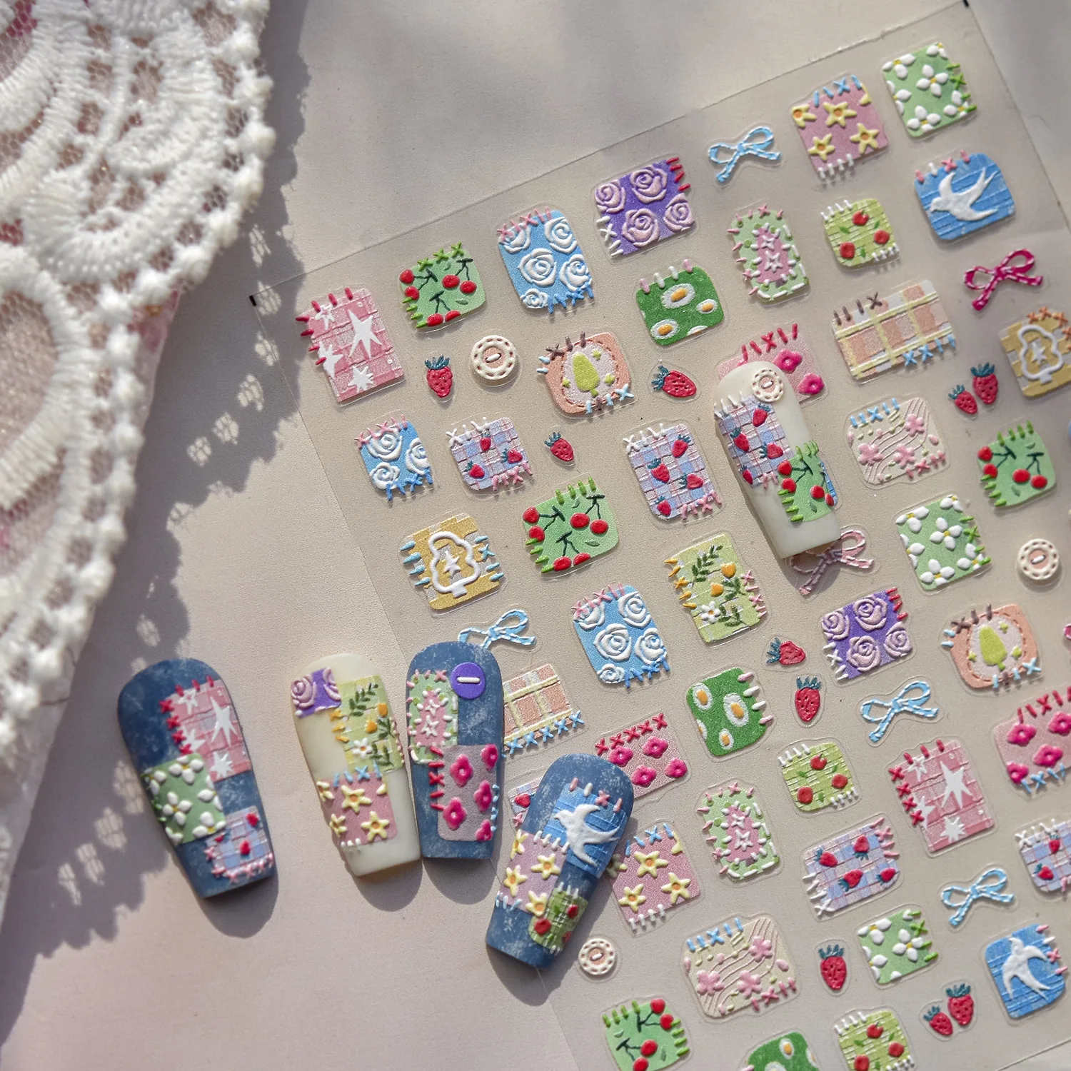 One Pieces Nail Stickers 5D Rose Flower Strawberry Cherry Swallow Tree Star Button Self Adhesive Nail Art Stickers Manicure DIY