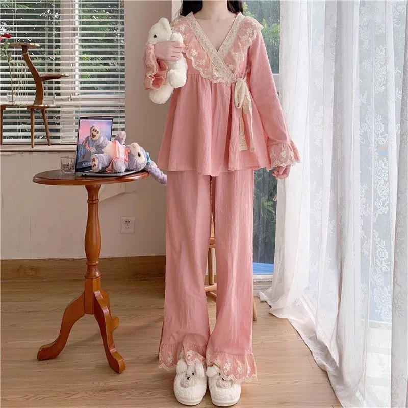 2023 New V-neck Tied Pajama Set for Women Spring Autumn Tops Long Sleeved Pants Lace Lace Pajamas