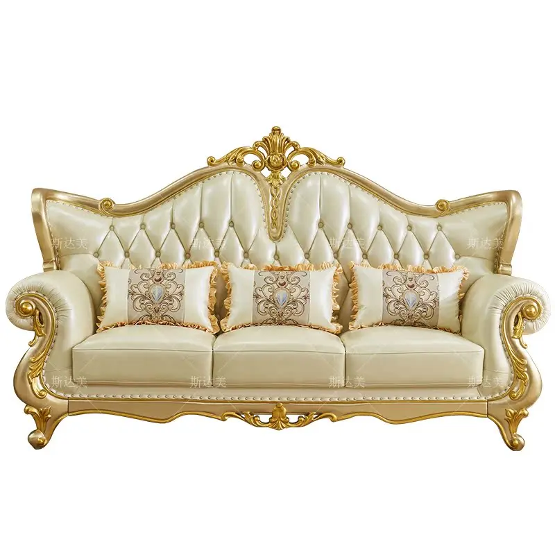 

European leather sofa combination high-end luxury villa living room U-shaped first layer cowhide solid wood carving flower furni
