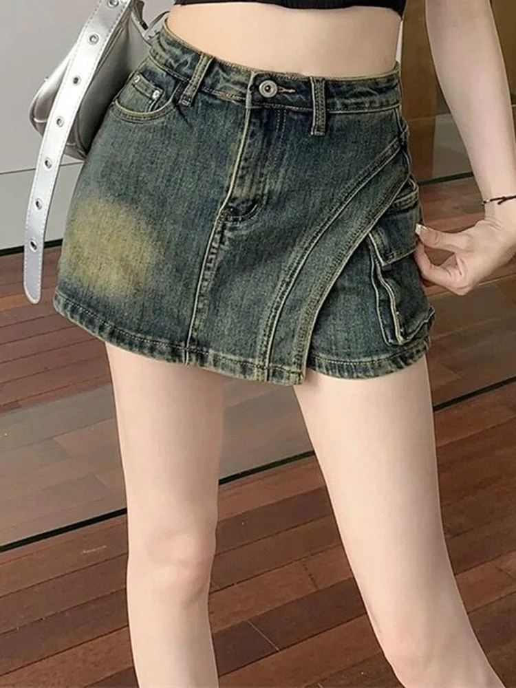 Female Irregular Sexy Hot Denim Shorts Lady American Retro Nightclub Mini Shorts Skirts Girls Blue Buttocks Wrap A Line Culottes