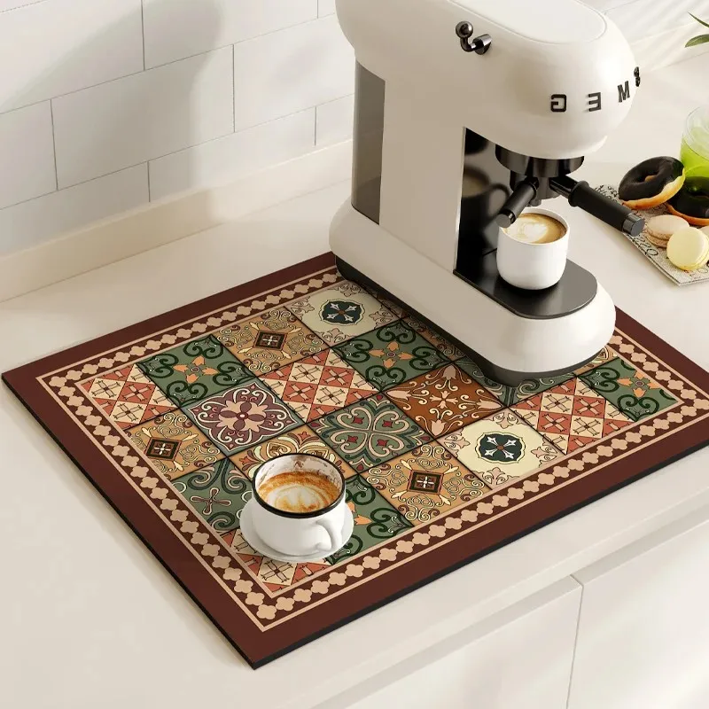VIKAMA Coffee Maker Mat, Vintage-Style Dish Drainer Mat, Non-Slip Kitchen Drainer Mat, Quick-Drying Dish Mat, Washable Dish Mat