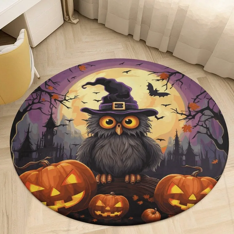 Halloween Witch Owl Round Carpet Circular Floor Throw Indoor Home Floor Covering Spooky Artistic Floor Accent Mat for Halloween