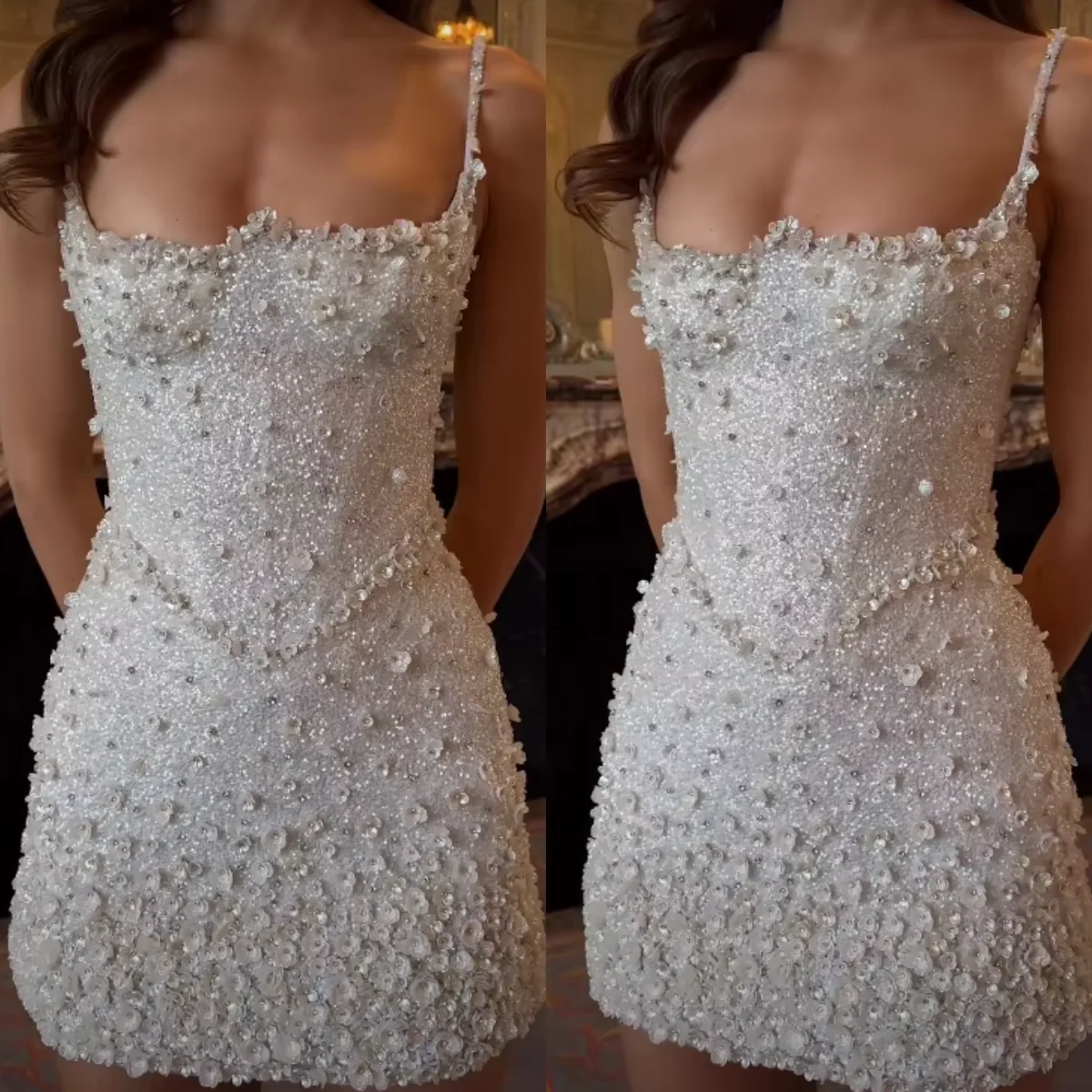 Luxury Evening Dress Spaghetti Strap Above-Knee Length Crystal Beading Court Gown Party Dresses Vestido De Noite Customizd