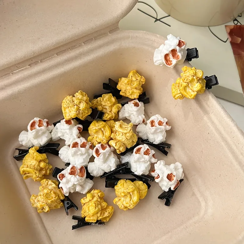 2PCS Cute Simulation Handmade Popcorn Hair Clip Girl Child Side Forehead Broken Hair Hairband Clip Fashionable Headpiece