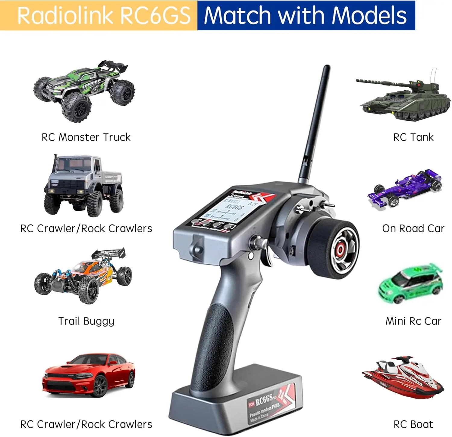 Radiolink RC6GS V3 7CH RC 송신기 자이로 리시버 R7FG R4FGM 듀얼 믹스 프로그래밍 가능 리모컨, RC 자동차 보트 탱크용