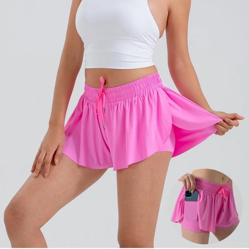 2 in 1 Flowy Sports Shorts Women Running Short Butterfly Tennis Skirt with Pockets Gym Yoga Athletic Biker Spandex Skirts Summer