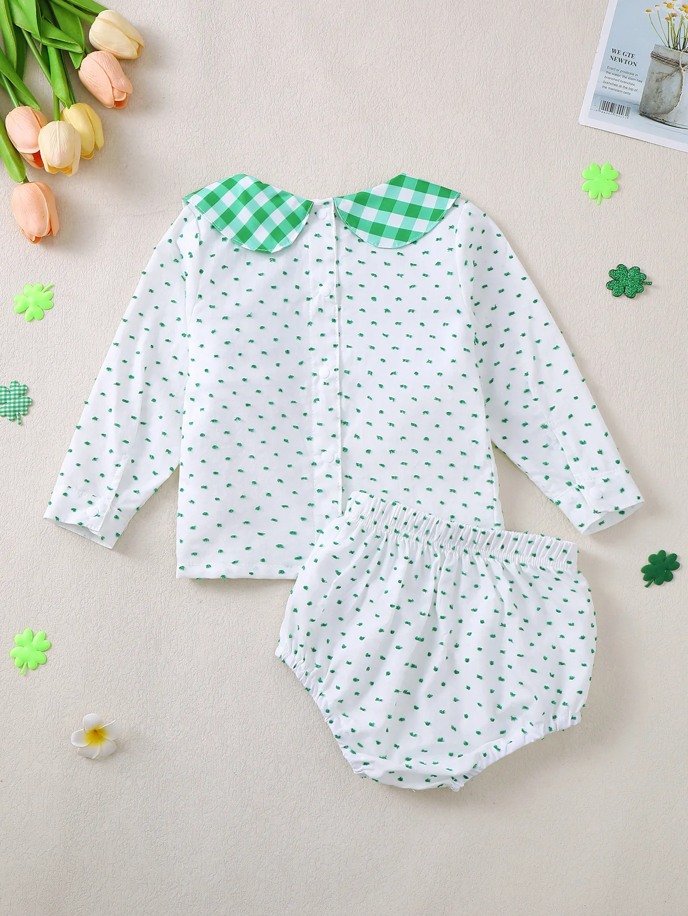 Baby Girl's Long Sleeve Outfit with Embroidered Four-leaf Clover Pattern And Doll Collar Infant Clothing Set