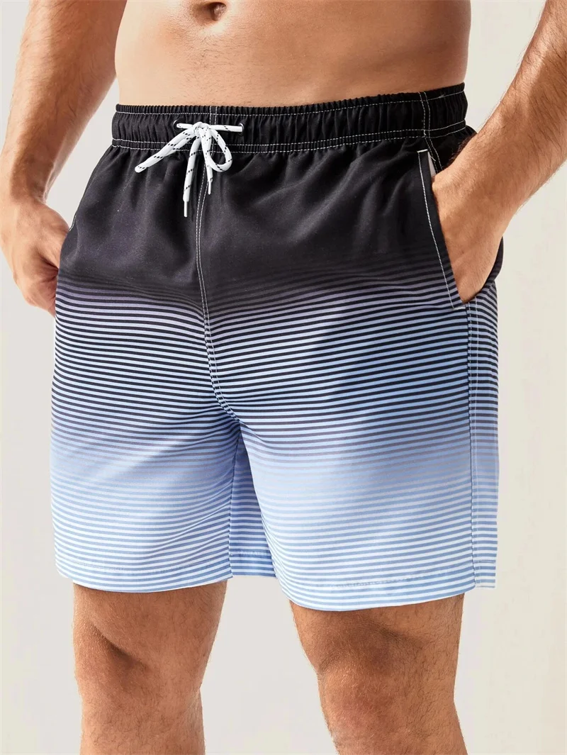 Stripe Gradient Men\'s Short Pants Hawaii Vacation Beach Shorts 3D Printed Casual Large Size Loose Quick Drying Swim Trunks