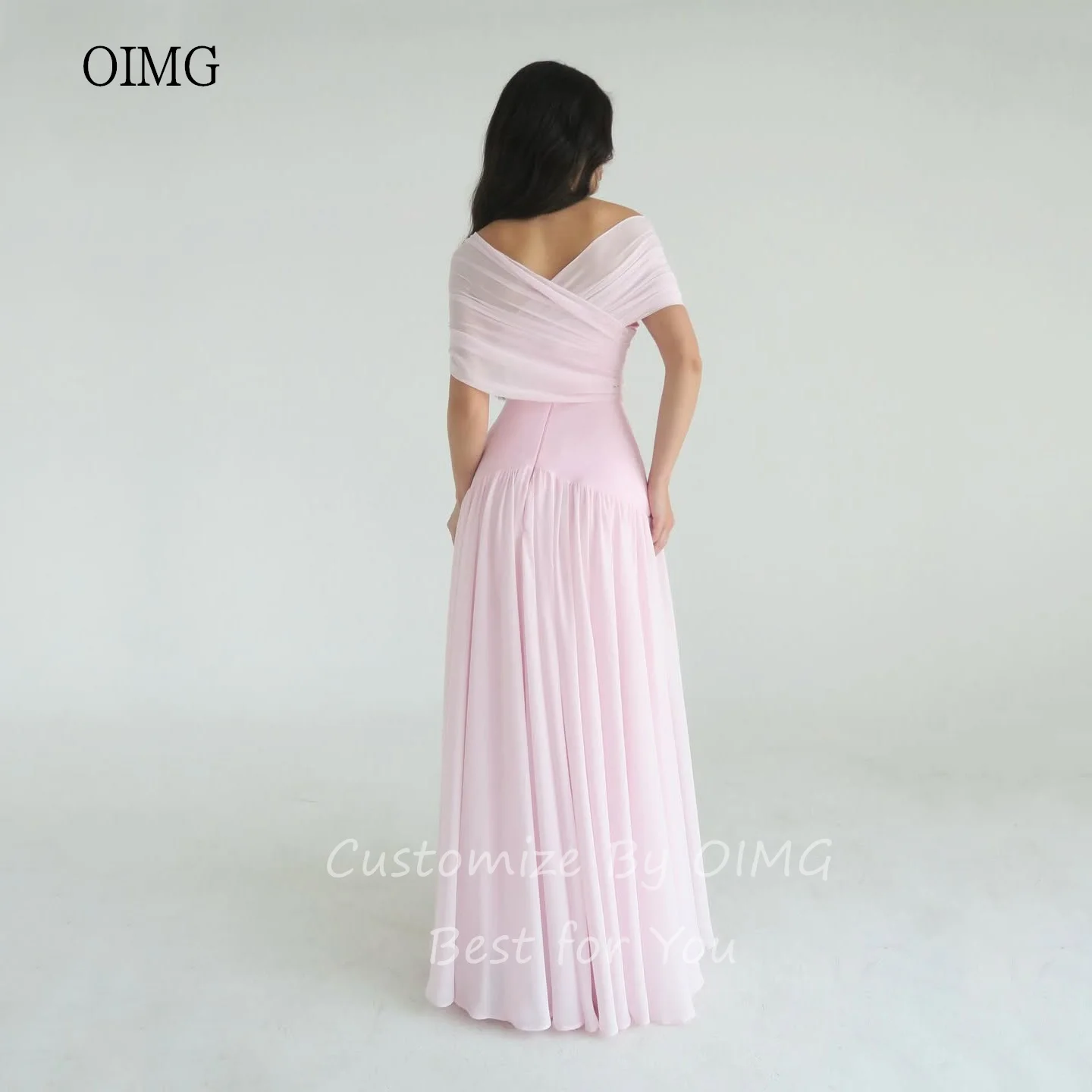 OIMG Maxi rosa con hombros descubiertos, vestidos de graduación de línea A, vestido de fiesta sin espalda, vestido de noche aireado hasta el suelo, personalizado 2025