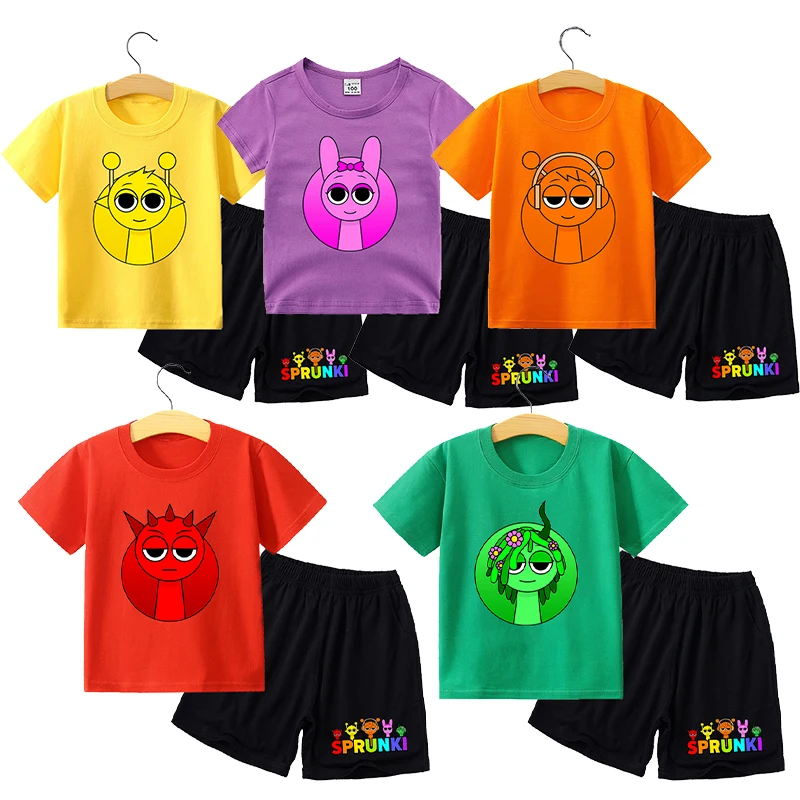 Sprunkis Kids Outdoor Sports Clothes Set Cute Anime Printed Boy Summer T-Shirt Shorts Travel Streetwear Casual Kawaii Party Gift