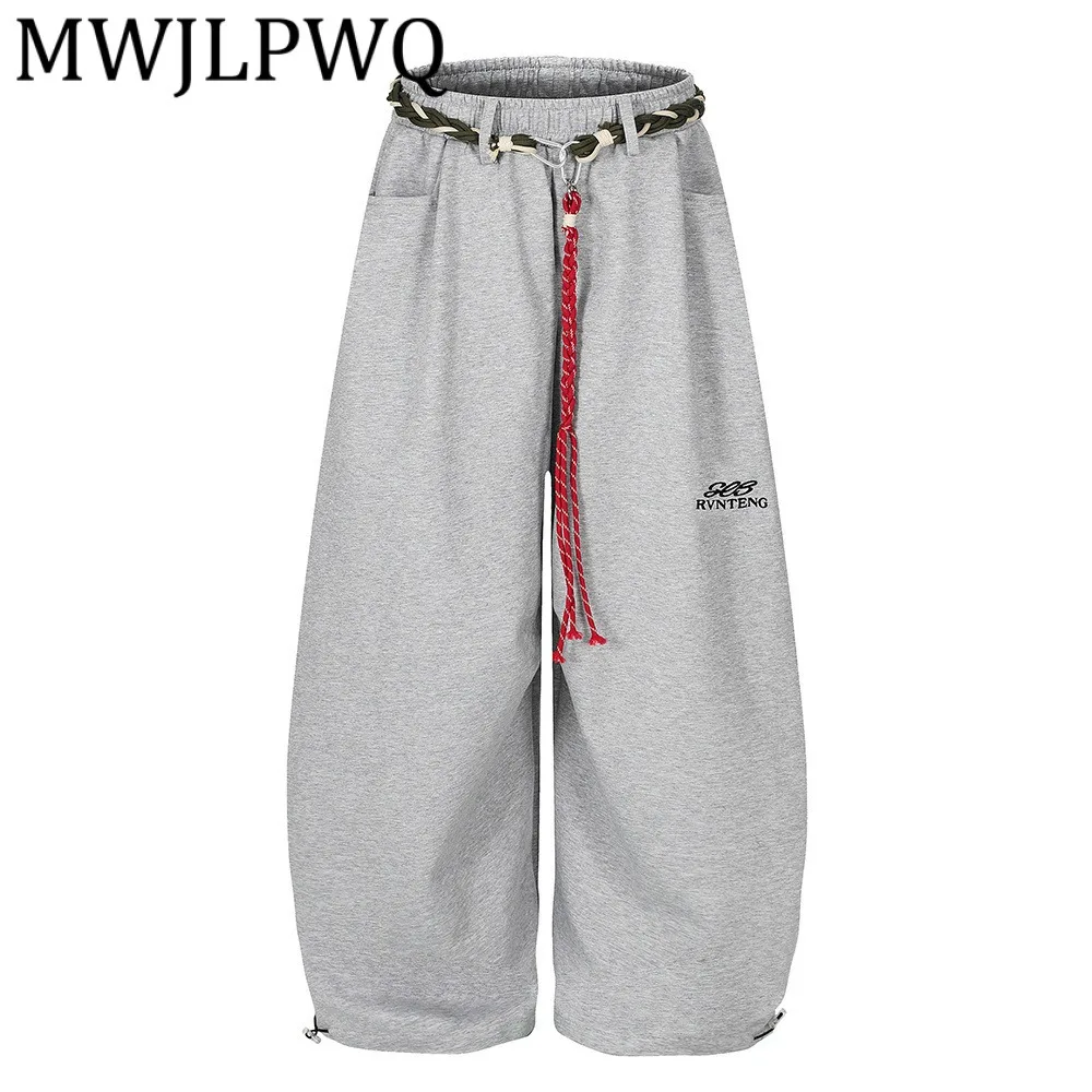 

MWJLPWQ Unique Woven Waist Oversized Wide-Leg Pants Men American Style Trendy Vibe Drawstring Cuff Design Sports Trousers 12722