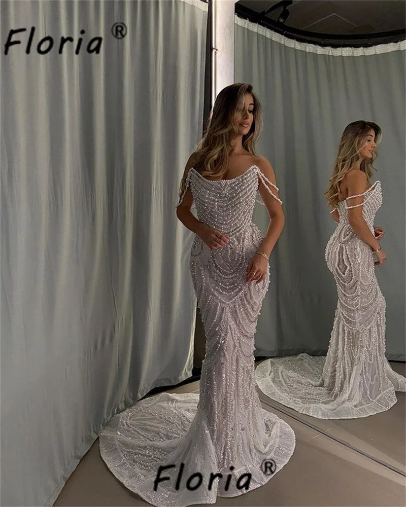 

Fully Pearls Beaded Ivory Formal Wedding Dress Elegant Strapless Mermaid Evening Party Gown robe de soirée Engagement Prom Dress