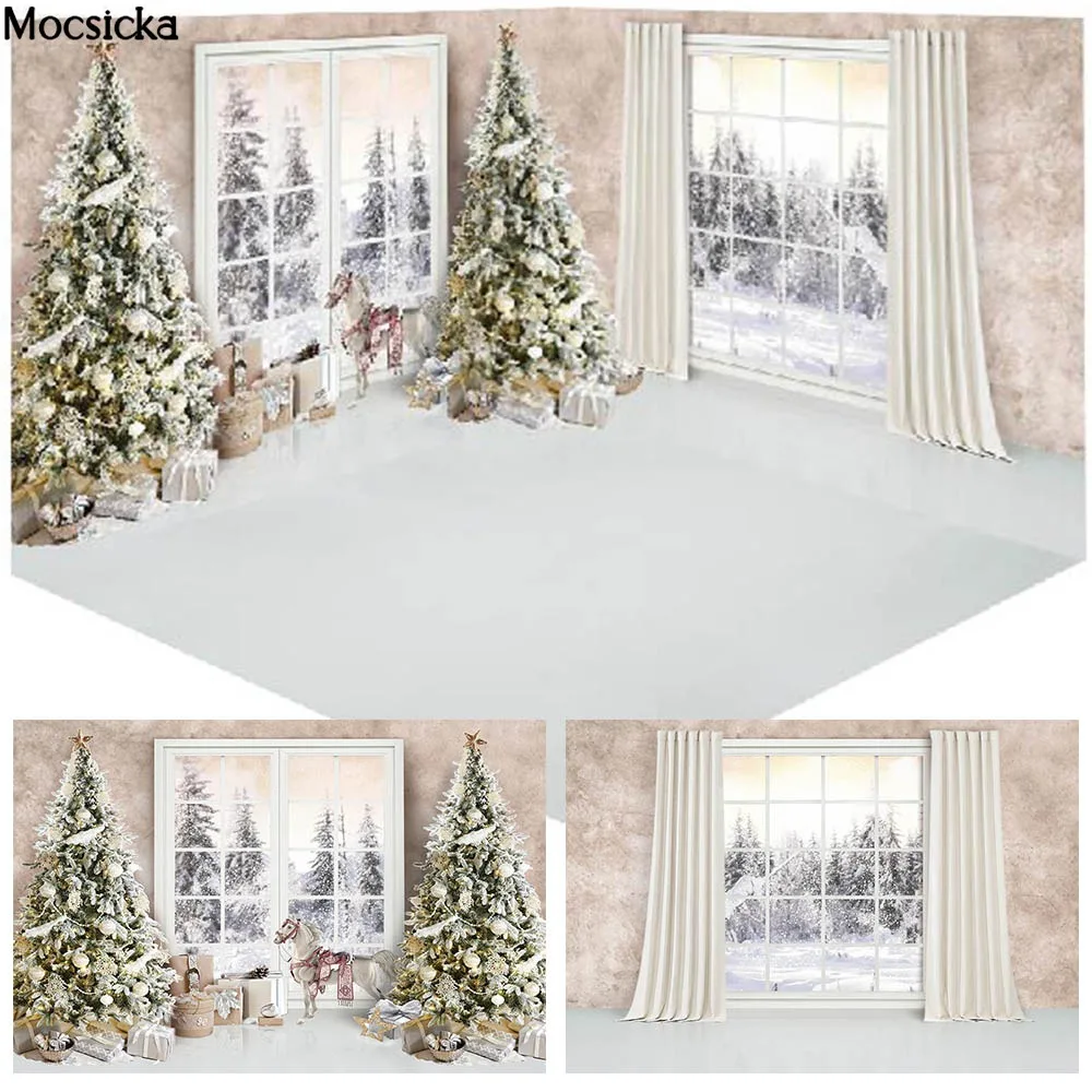 

Mocsicka Christmas Backdrop Photography White Window Winter Forest Child Newborn Portrait Photo Background Grey Floor Photoshoot