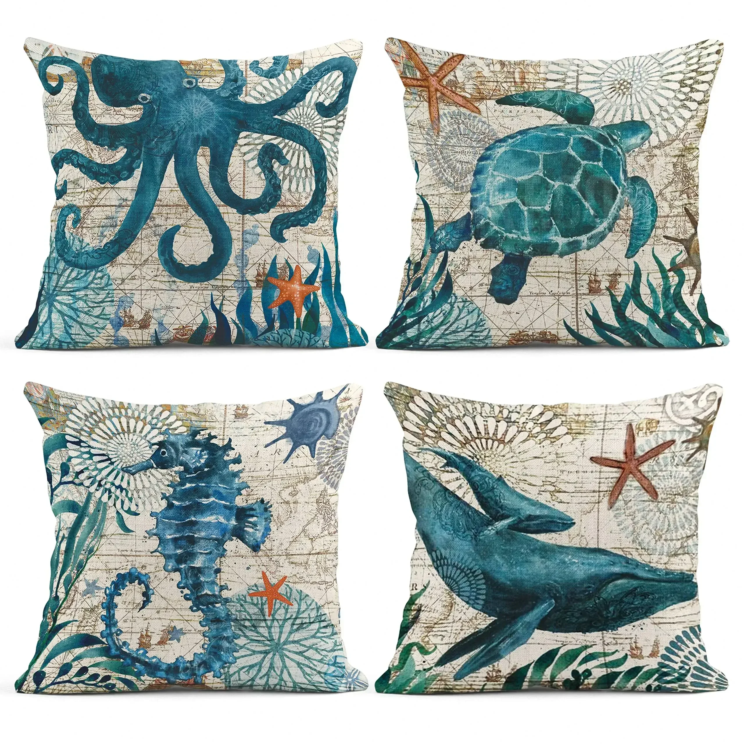 Sea Life Whale Octopus Returned Seahorse Pillowcase Home Decoration Living Room Sofa Cushion Cover 50*50 Linen Pillowcase 40*40