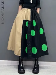 SHENGPALAE Dot Printed Skirt For Women Patchwork Contrast Color Elegance Chic Elastic Waist A-line Skirts Spring 2024 New 5R9474