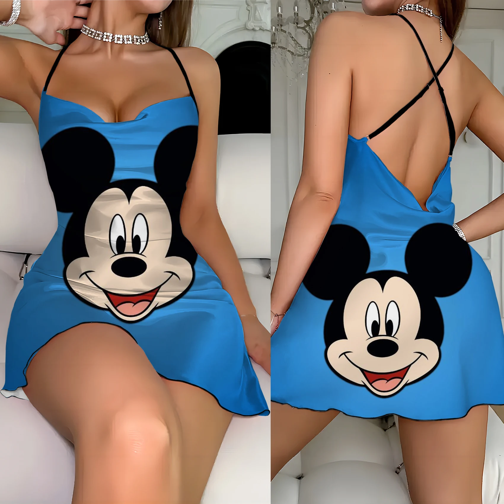 Slip Dress Fashion Summer Dresses 2024 Disney Crew Neck Mickey Minnie Mouse Lettuce Trim Elegant Women Backless Neck Dress Home