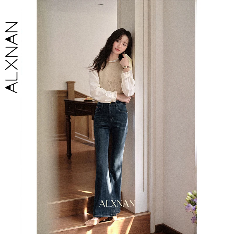 

ALXNAN 2026 Vintage Blue Fleece-lined Flared Jeans High-waist Slim-fit Cotton Denim Jeans New Casual Women's Pants Female L57012