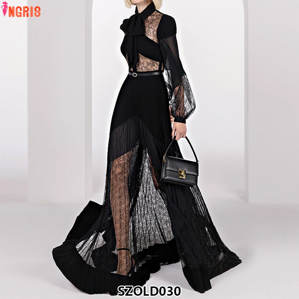 

High quality 2025 summer new star same fashion lace patchwork pleated skirt black elegant party dress-SZOLD030