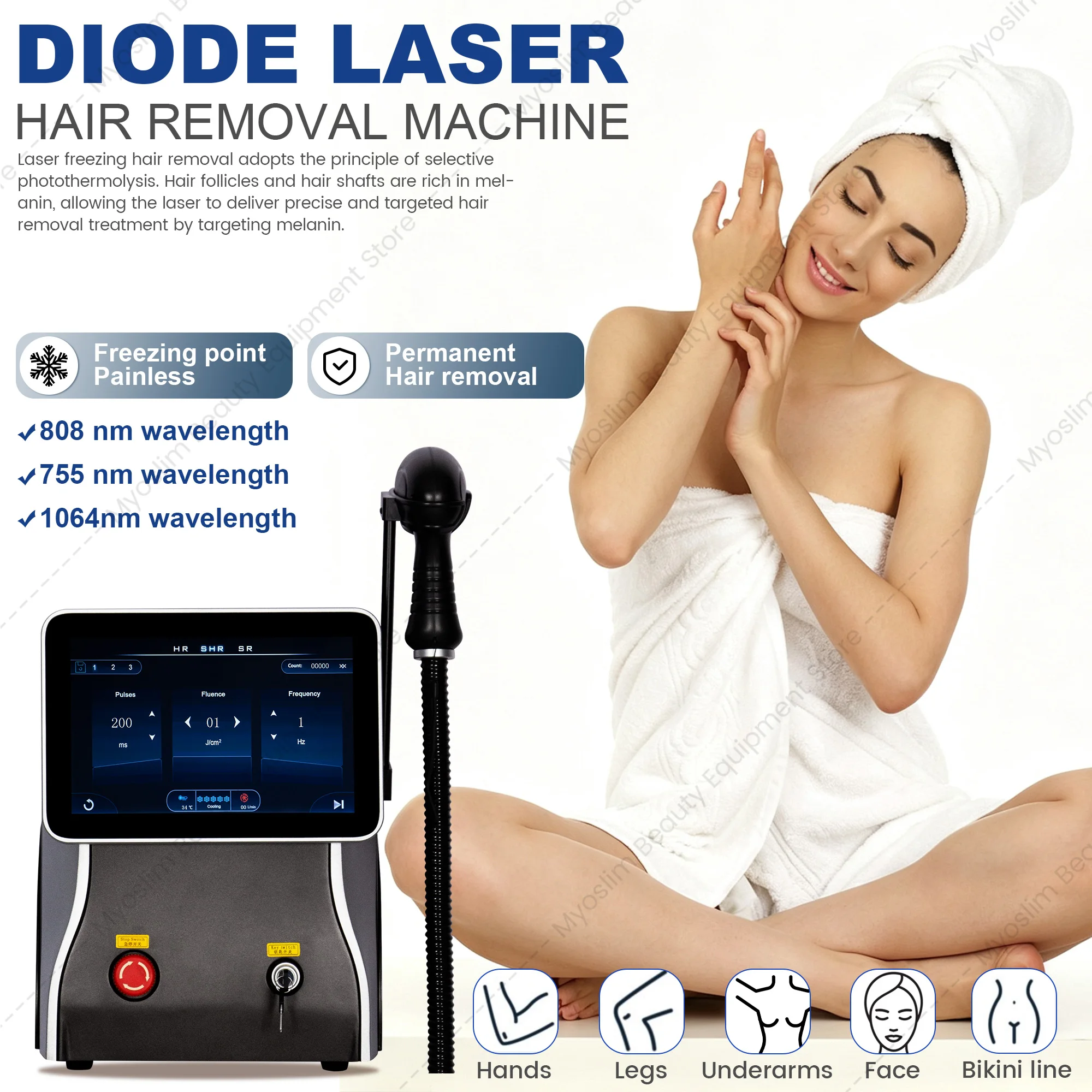 High Power 808 Hair Removal Device 3 Wavelengths 755 1064 808 Diode Hair Removal Machine For Full