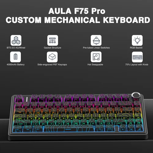 AULA F75 Pro-Teclado mecánico inalámbrico para videojuegos, montado en junta, RGB, personalizado, diseño 75%, teclas PBT de grabado lateral