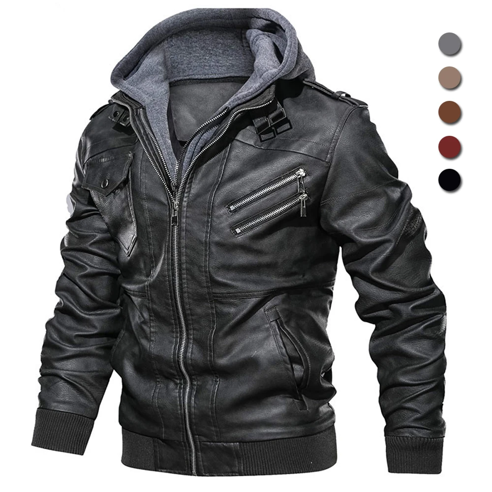 Oblique Zipper Motorcycle Leather Jacket Men Brand  Hooded  PU Leather Jackets Autumn Coat Plus Size S-5XL Dropshipping