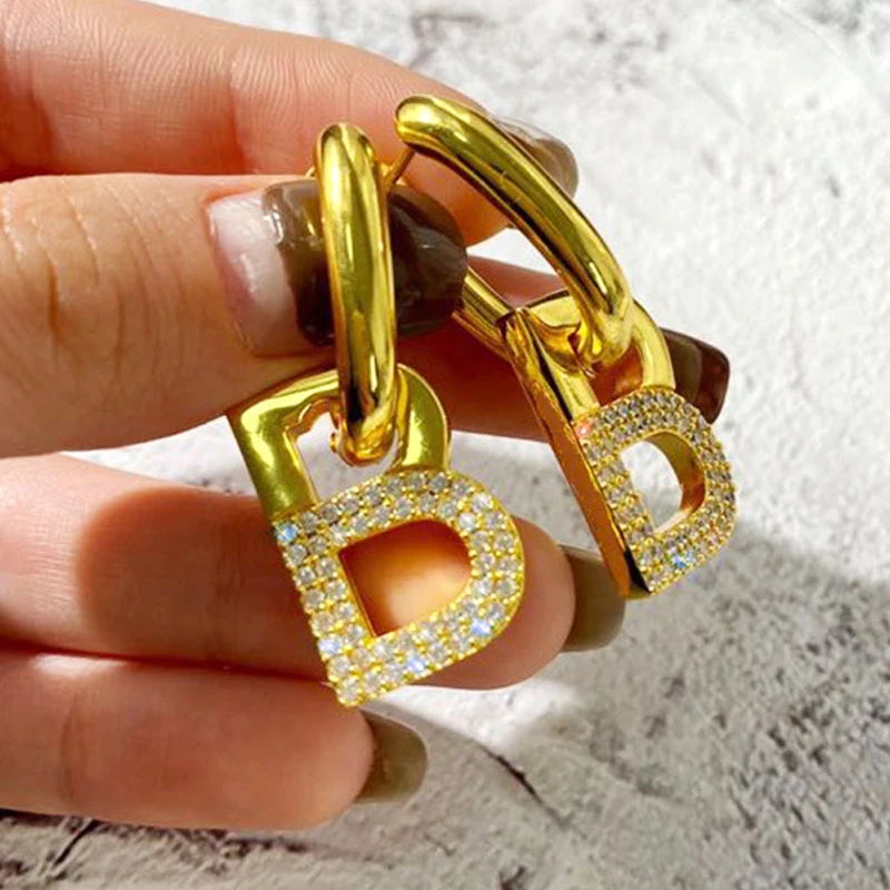 14K Real Gold Multiple Styles B Letter Hoop Earring 925 Silver Red Crystal Piercing Earrings for Women Birthday Jewelry Gift