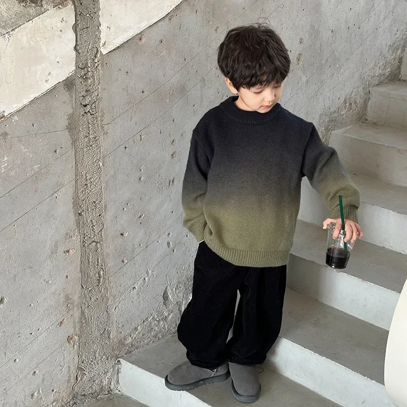Children Clothes Kids Casual Sweater 2024 Winter Boy Handsome Thickened Cashmere Gradient Color Korean Style Warm Sweater