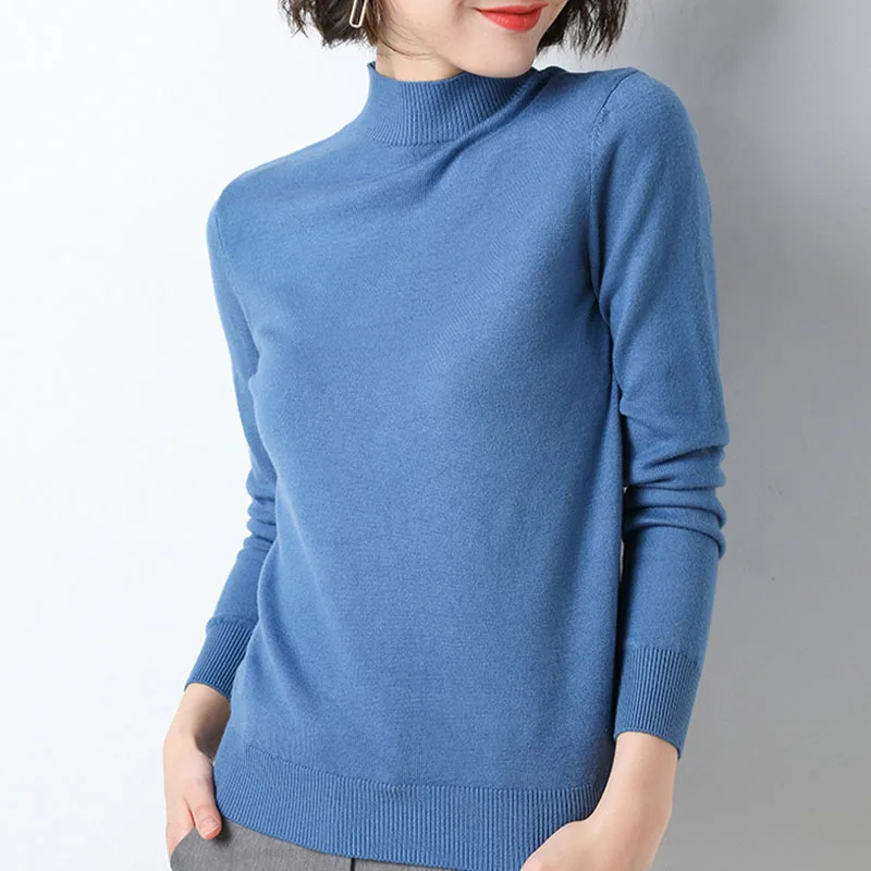 

Knitted Sweater Women Pullovers New Long Sleeve Mock Neck White Knit Sweater Pullover Women Tops Sweaters Sueters De Mujer Q1159