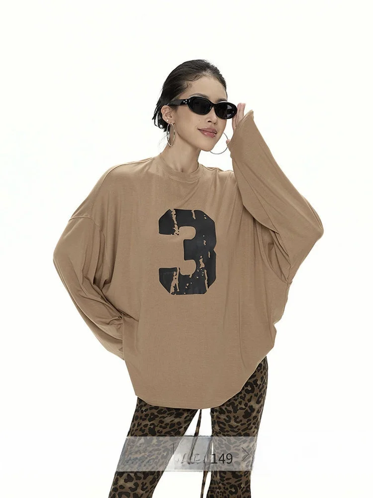 

Wilderness Zero Lazy Style Long Sleeve T-Shirt Women's Autumn New American Retro round Neck Loose Casual Top