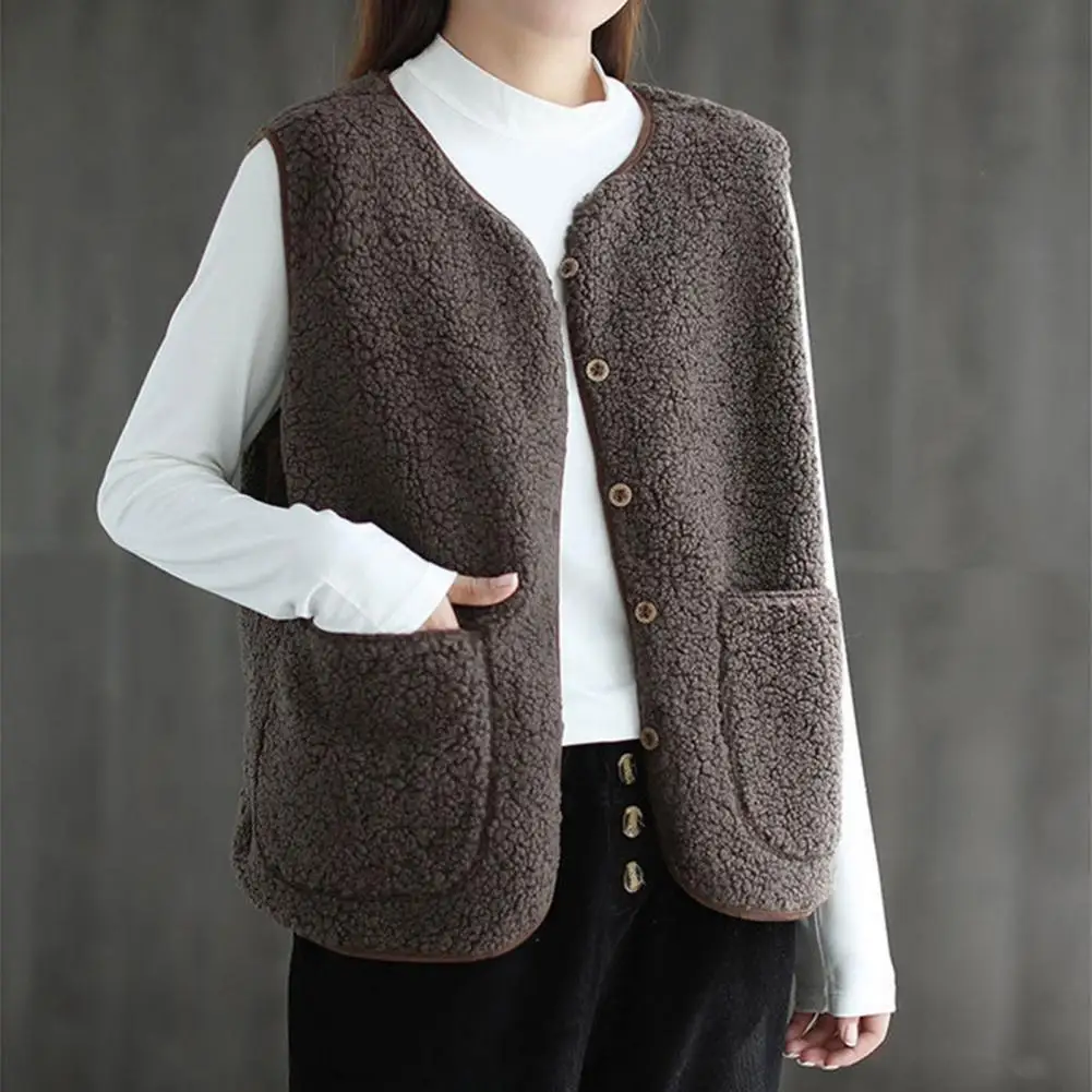 V-neck Vest Stylish V Neck Fleece Vest Coat for Women with Double Pockets Cardigan Solid Color for Wear Office Outfits Women