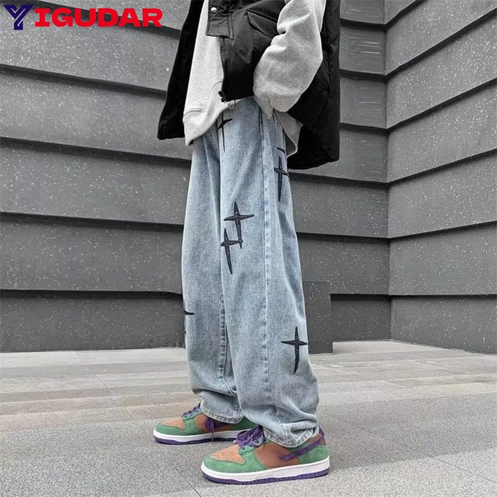 

2024 New Men High Street Jeans Tide Brand Hip-hop Straight Loose Leather Cross Star Retro Mopping Denim Trousrs All Season y2k