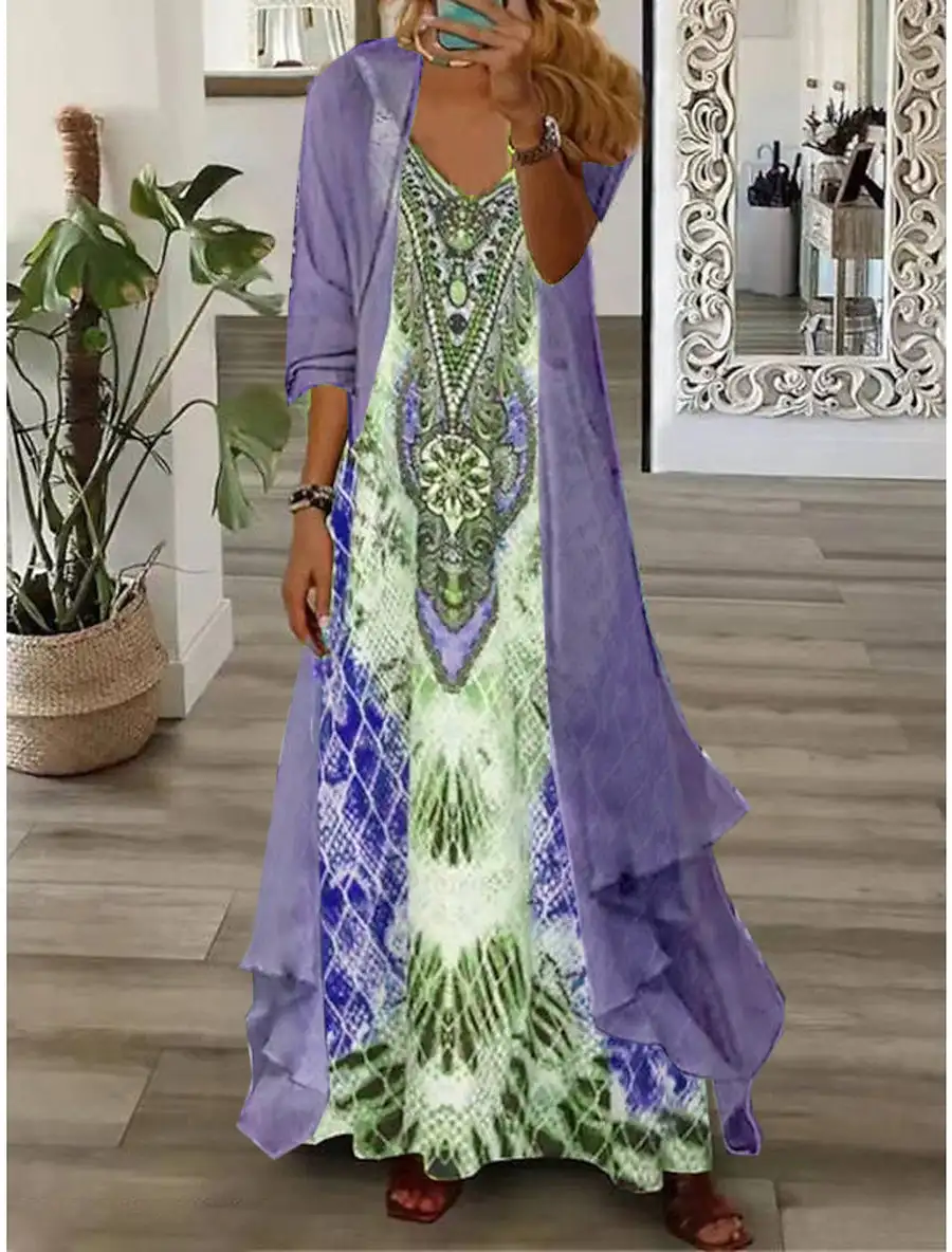 

Plus Size Women's Half Sleeve V-neck Graphic Printed Two Pieces Maxi Dress-Petite Size Available