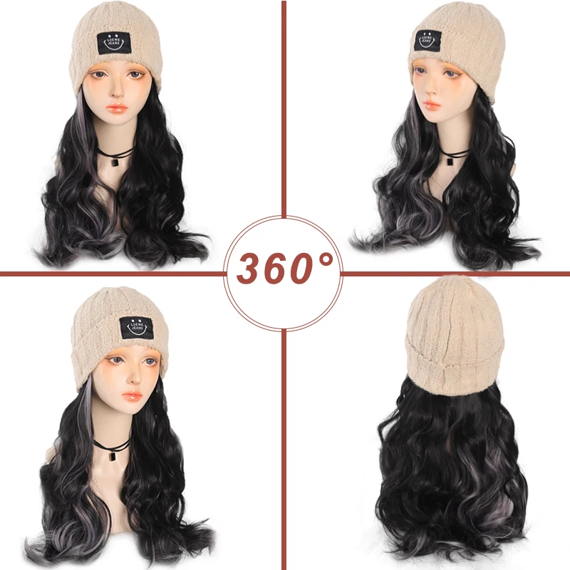 모자 가발, 모자 가발 긴 웨이브 곱슬 베이지색 모자, 인조 모피 가발 모자, 18인치 합성 헤어피스 포함, 겨울에 적합