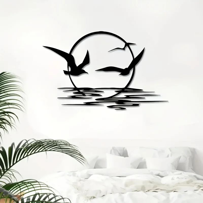 CIFBUY Metal Wall Art Modern Sunrise Seagull Sculpture Rustproof Waterproof Hanging Ornament For Living Room Patio Yard Decor