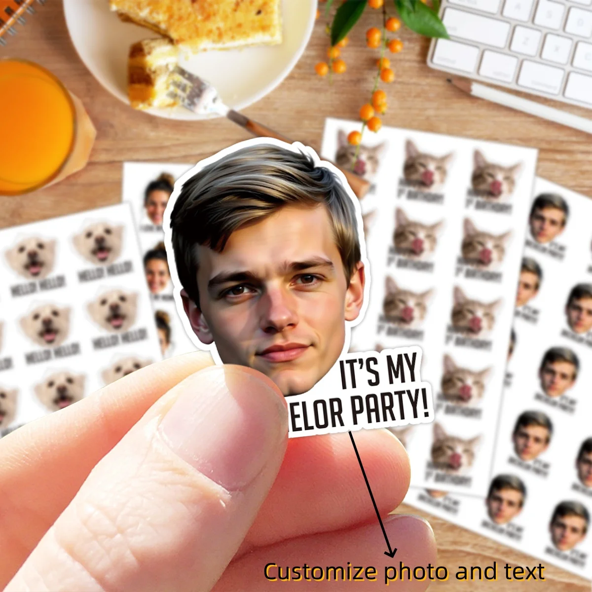 

Персонализированные фотонаклейки с лицом и текстом - портрет на заказ, наклейки для подарков с изображением домашних животных, ваших слов, забавные фото-подарочные наклейки для дня рождения, свадьбы, ежедневного использования