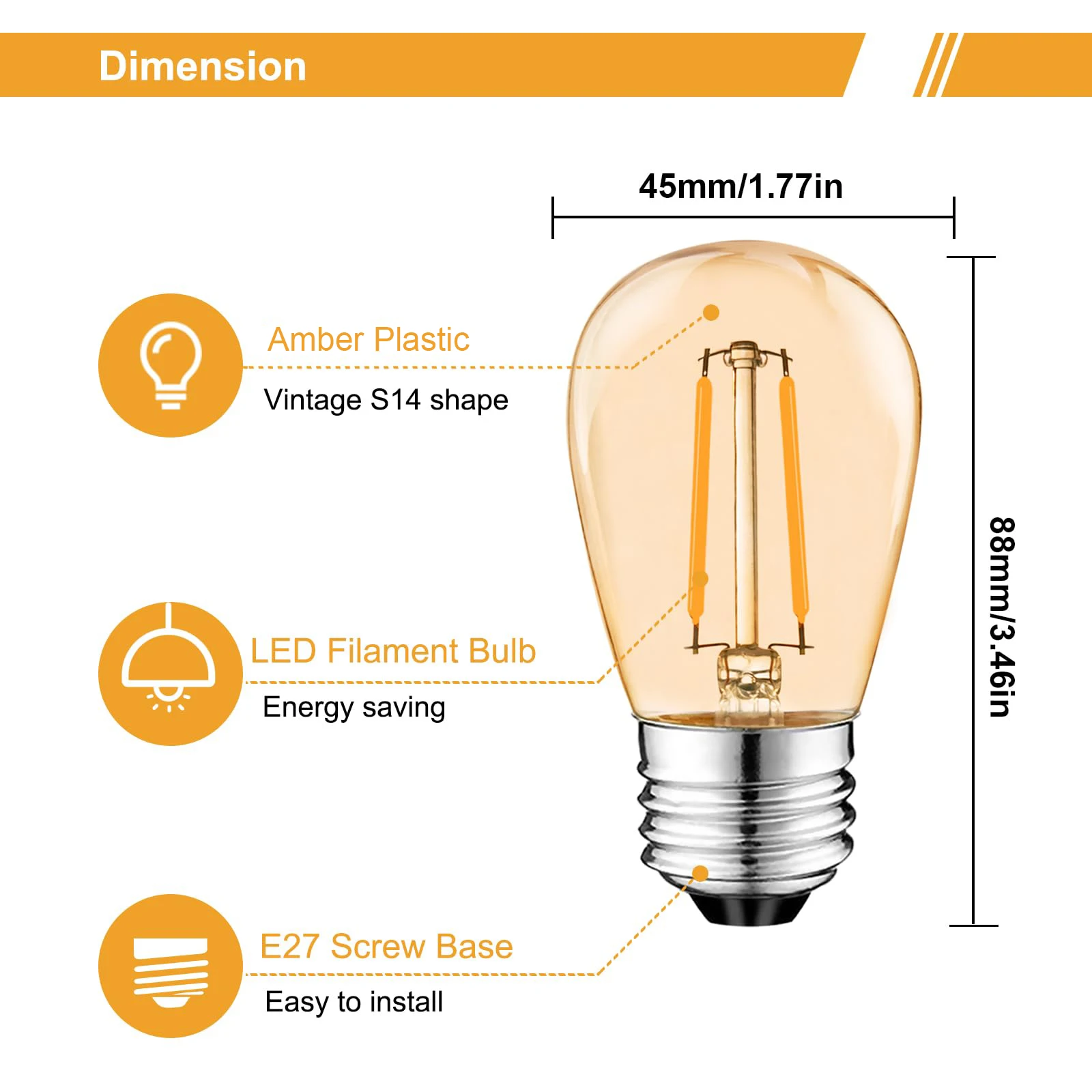 Bombilla de filamento Led Vintage S14 E27, bombilla LED ST45 de plástico ámbar de 2W, Blanco cálido, 2700K, lámpara de luz Edison IP44 para