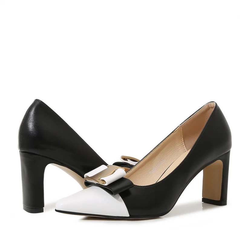French-style vintage women's chunky-heeled low-cut high-heeled shoes in black and white color combination, Mary Jane shoes view 5