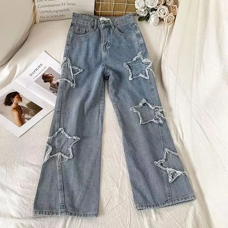 Denim Popular Ins Fashion Korean wIth Star Spring Autumn New High Waist Straight Leg Loose Fitting Jeans — zdjęcie 3