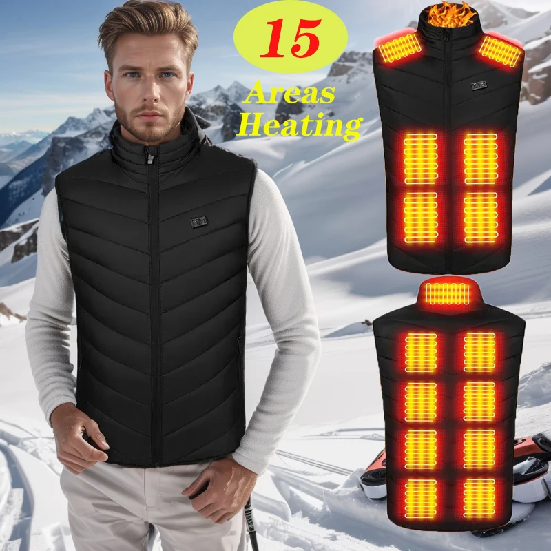 15 Areas Heated Vest Men Outdoor Hiking Heated Jacket USB Heating Vest Winter Thermal Waistcoat For Hunting Warm Heating Coat